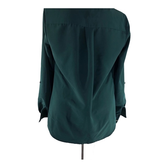 NY Collections Forest Green Blouse Silver Buttons Breast Pockets Tab Long Sleeve - Picture 3 of 7